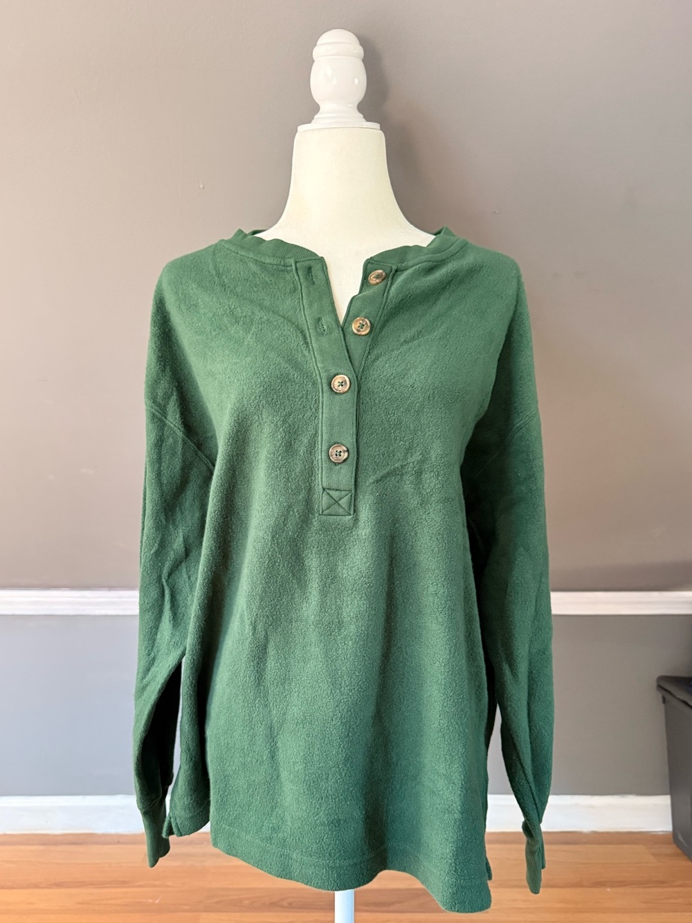 aerie Forest Green Button-Placket Pullover Hoodie
